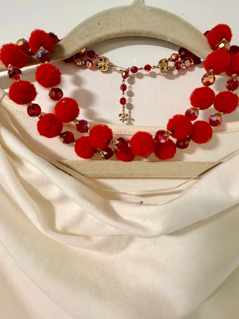 Red Pom Pom Double Strand Iridescent Statement Necklace